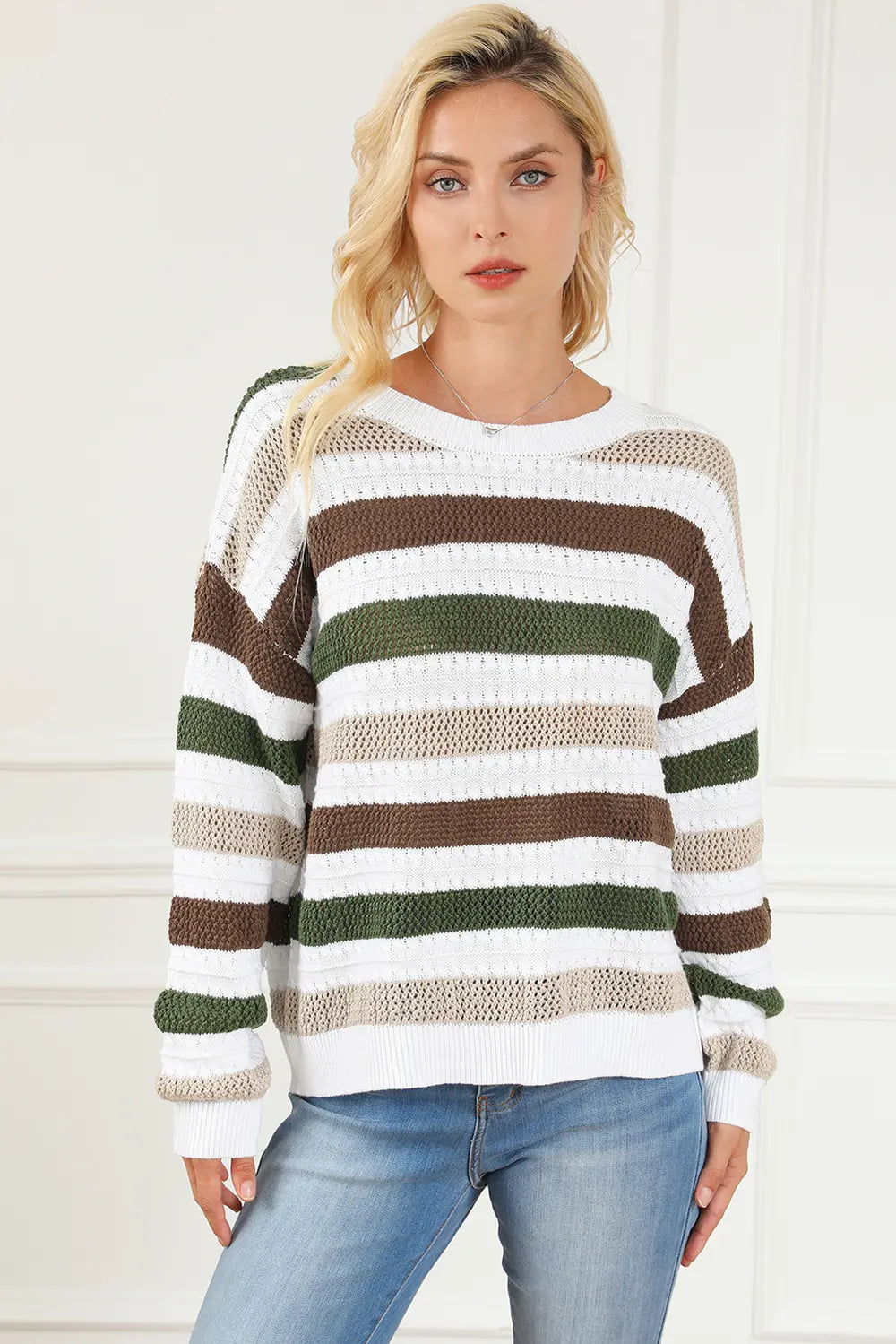 Striped Openwork Dropped Shoulder Sweater