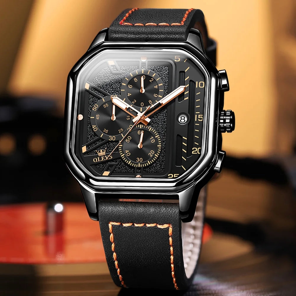 Men Black Leather Chronograph Analog Quartz