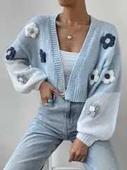 3D Flower Colored Drop Shoulder Sleeves Cardigan