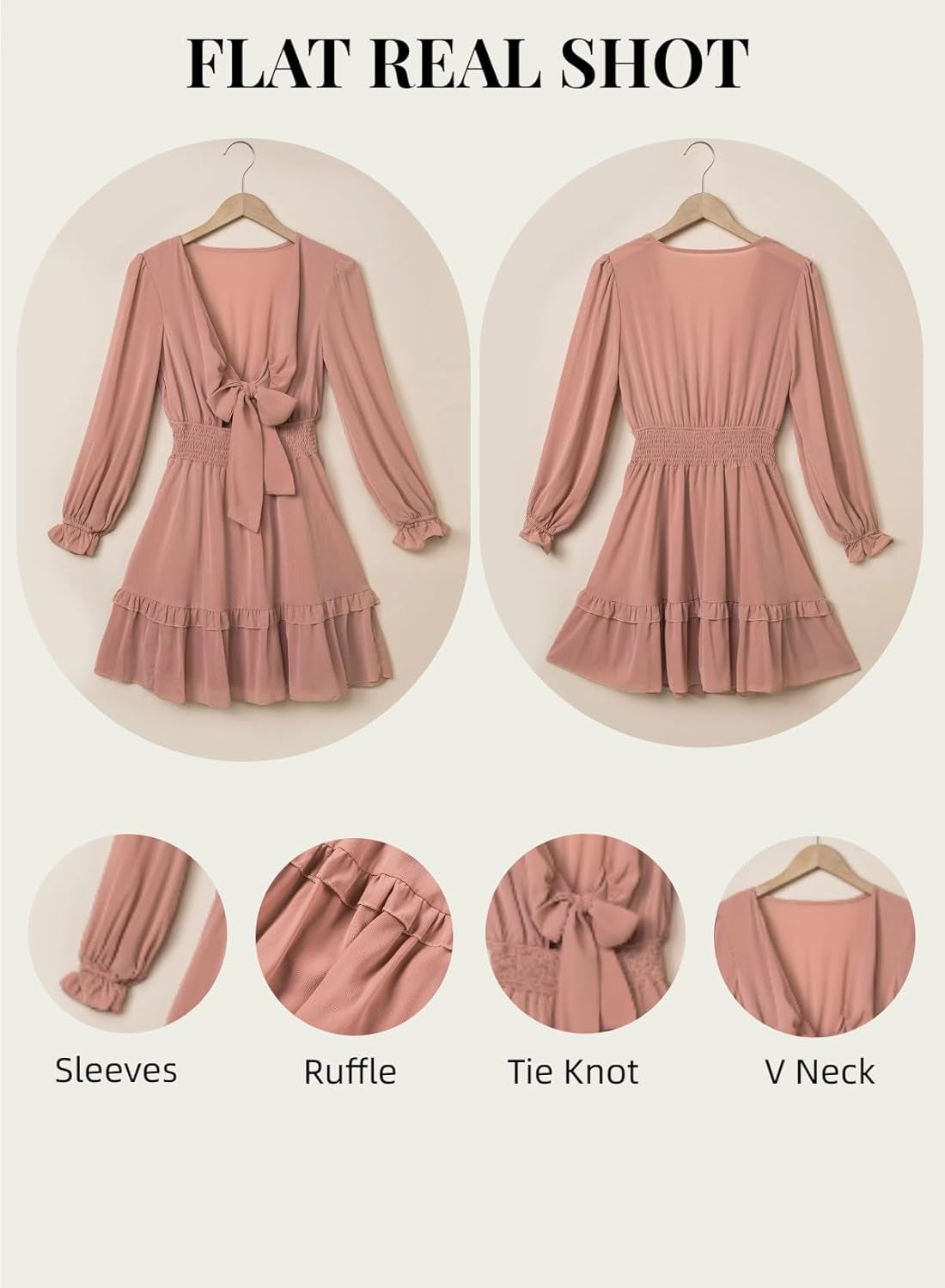 Womens Dresses Spring Summer Knot Front V Neck Ruffles Long Sleeve Floral Print Swing Mini Dress