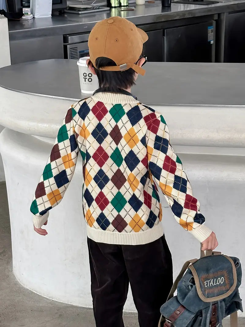 Boys Stylish Diamond Plaid Knit Sweater