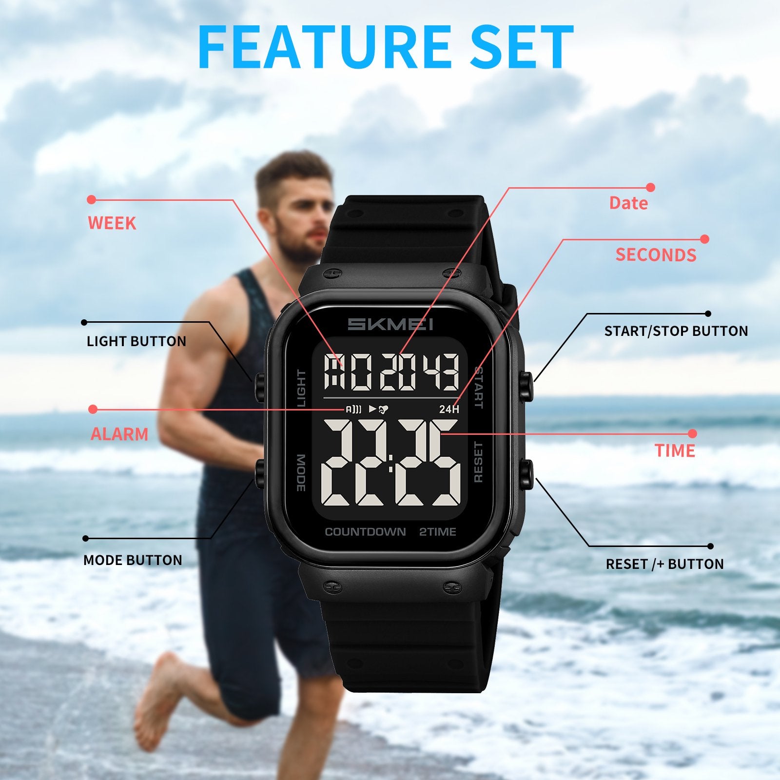 Mens Digital Watch Outdoor Sports Waterproof Large Face Wrist Watches