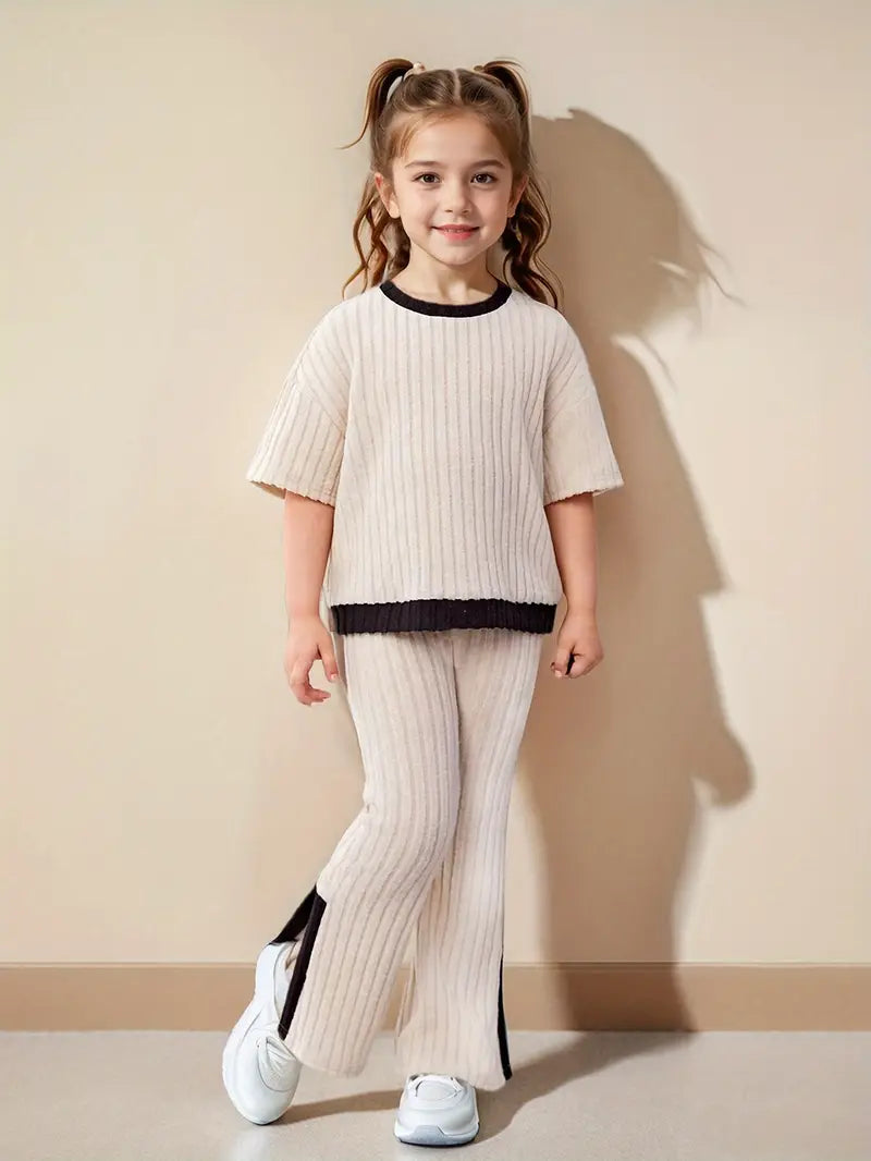 Color Block Frill Shoulder T-Shirt And Split Pants