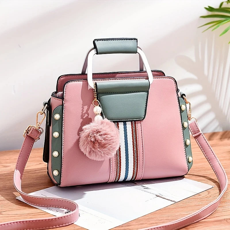 Stylish Colorblock Satchel Bag with Fun Pom Pom Accent