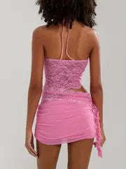 Sexy Perspective 2pcs Set, Solid Color Lace Design Tank Top+Asymmetric Ruffle Mini Skirt