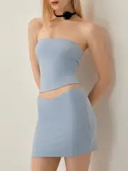 Women 2pcs Outfits, Low-Cut Strapless Plain Color Crop Tops,