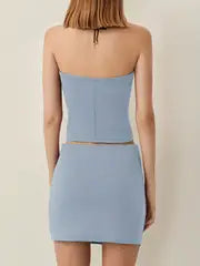 Women 2pcs Outfits, Low-Cut Strapless Plain Color Crop Tops,