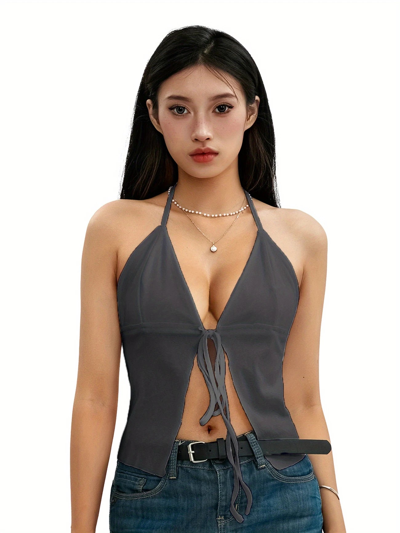 Chic Women's Halter Crop Top - Sleeveless, Drawstring Detail, Solid Color, Perfect for Summer & Spring Parties