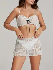Women's 2pcs Skirts Outfits Bowknot Spaghetti Strap Sleeveless Lace Cami Tops Mini Skirts