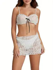 Women's 2pcs Skirts Outfits Bowknot Spaghetti Strap Sleeveless Lace Cami Tops Mini Skirts