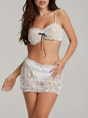 Women's 2pcs Skirts Outfits Bowknot Spaghetti Strap Sleeveless Lace Cami Tops Mini Skirts