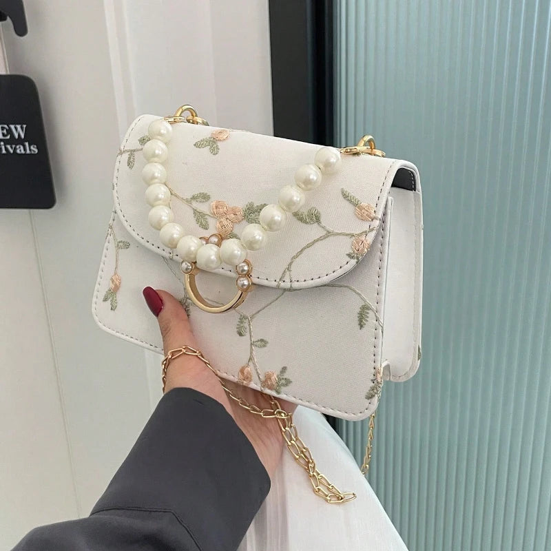 Women's Mini Square Crossbody Bag with Floral Embroidery & Faux Clasp, Golden