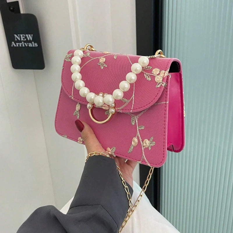 Women's Mini Square Crossbody Bag with Floral Embroidery & Faux Clasp, Golden