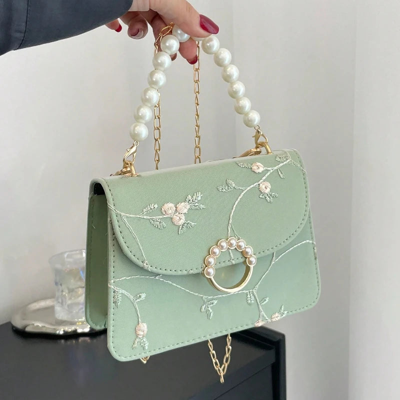 Women's Mini Square Crossbody Bag with Floral Embroidery & Faux Clasp, Golden