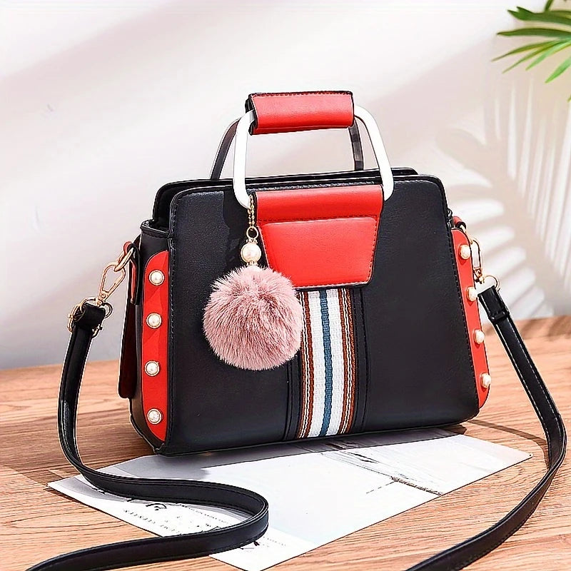 Stylish Colorblock Satchel Bag with Fun Pom Pom Accent