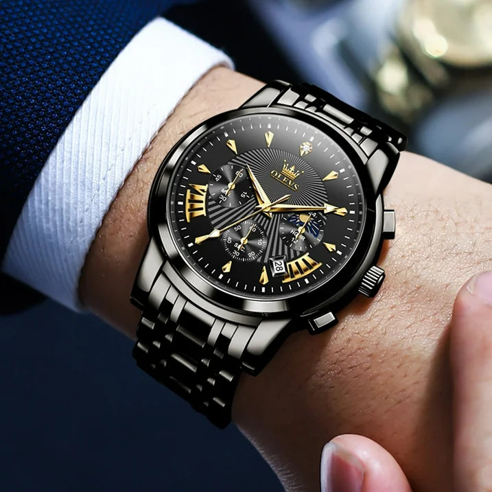 OLEVS Watches for Men, Mens Watches Quartz Black Stainless Steel Waterproof Luminous Business Calendar Wrist Watch reloj para hombre