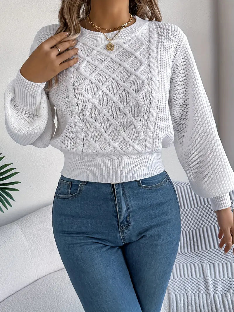 Elegant Solid Color Cable Knit Sweater for Women