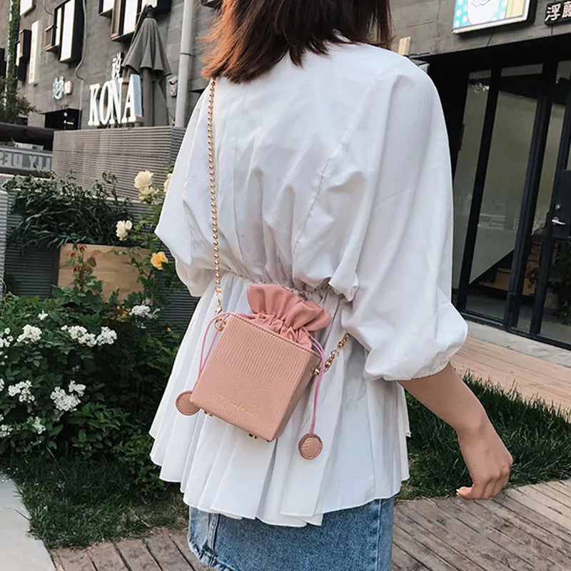 Creative Gift Box Pattern Women Drawstring Mini Bucket Bag