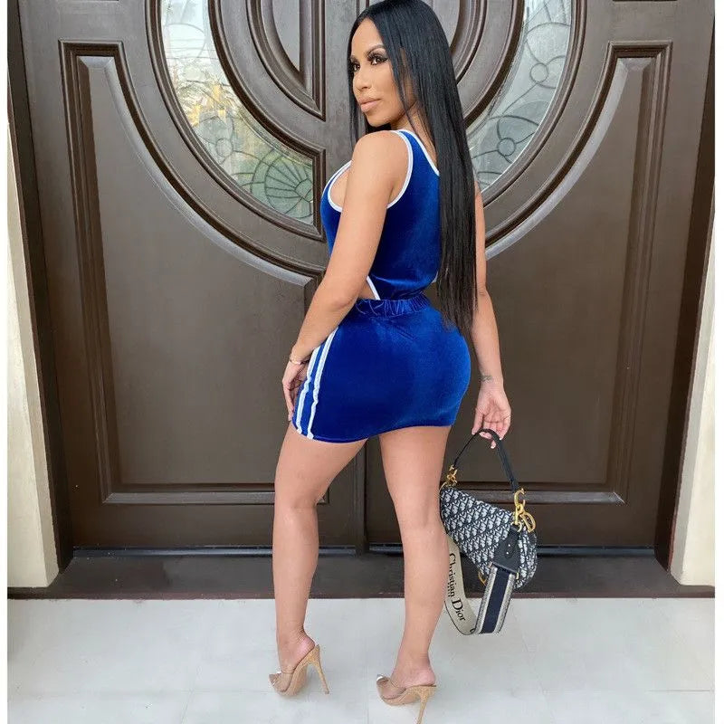 Women Velvet Hollow Out Top And Tight Skirt Two-pieces Set