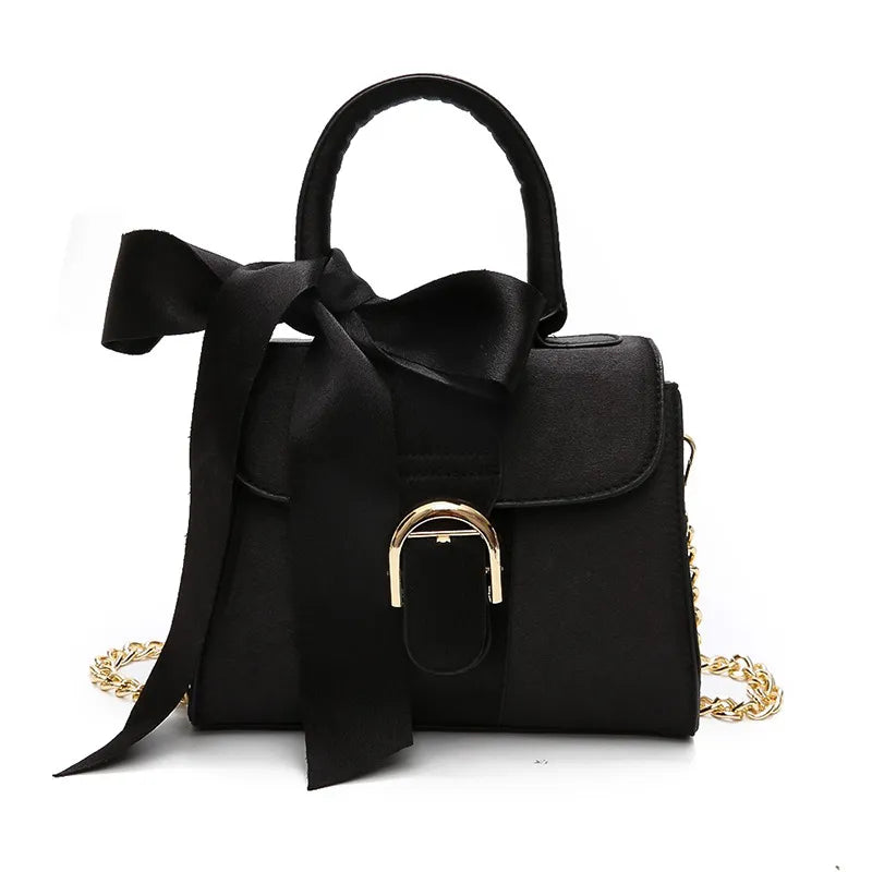Women Fashion Solid Color Bow Design Velvet Handle Bag