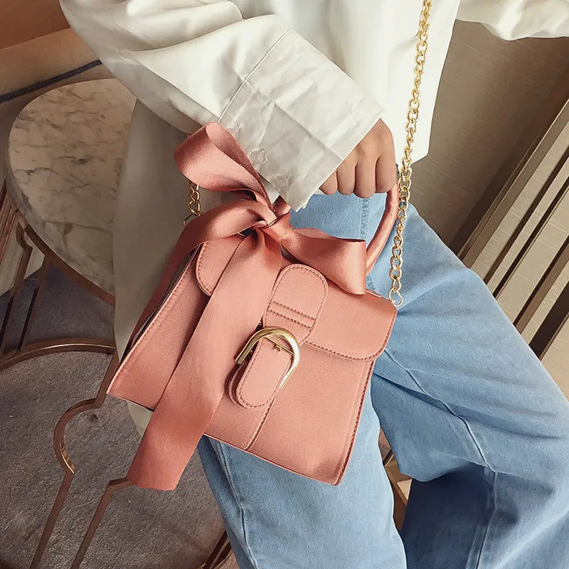 Women Fashion Solid Color Bow Design Velvet Handle Bag