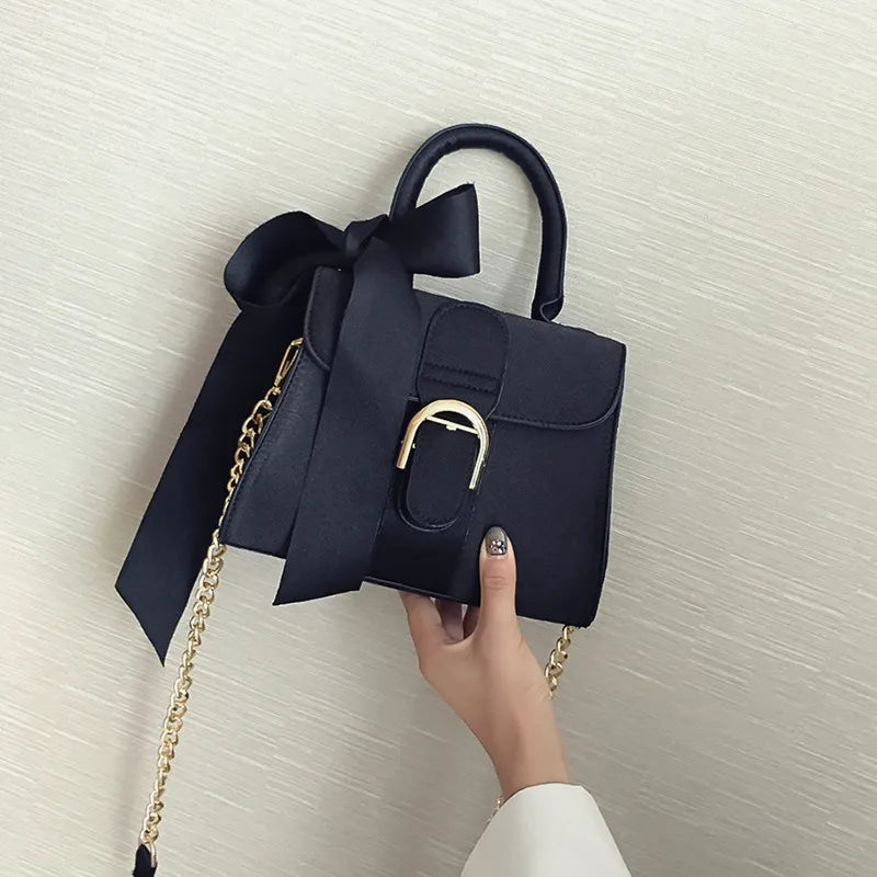 Women Fashion Solid Color Bow Design Velvet Handle Bag