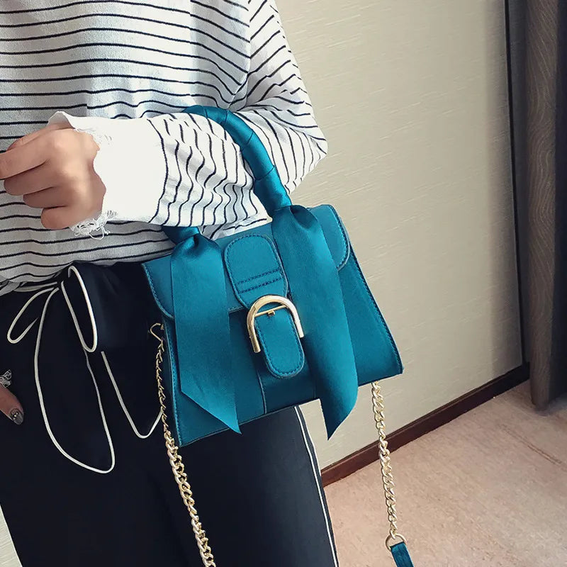 Women Fashion Solid Color Bow Design Velvet Handle Bag