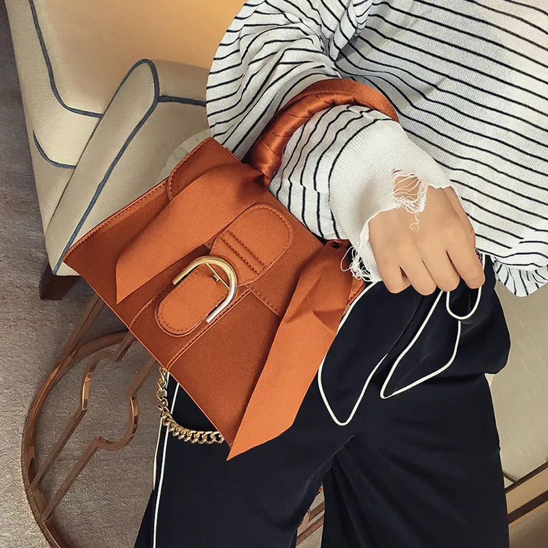 Women Fashion Solid Color Bow Design Velvet Handle Bag