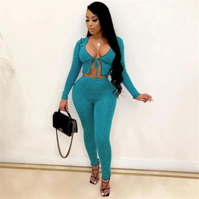 Women Sexy Solid Color Long Sleeve Crop Top And Pants Two Piece Set