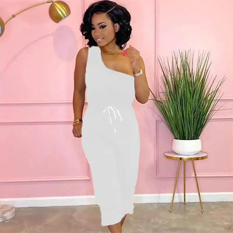 Women Fashion Solid Color Oblique Shoulder Top And Pants Two Pieces Set