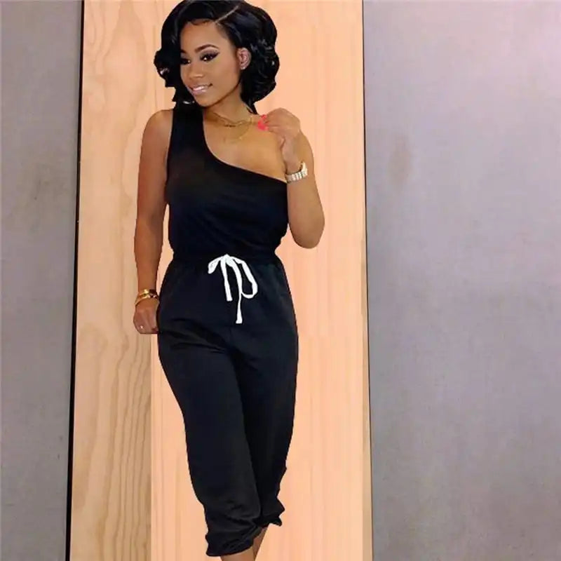 Women Fashion Solid Color Oblique Shoulder Top And Pants Two Pieces Set