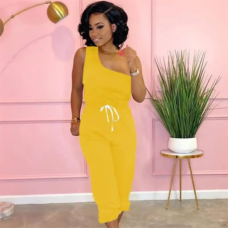 Women Fashion Solid Color Oblique Shoulder Top And Pants Two Pieces Set