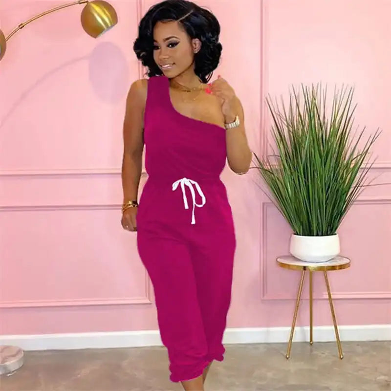 Women Fashion Solid Color Oblique Shoulder Top And Pants Two Pieces Set