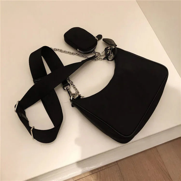 Women Retro Solid Color Chain Nylon Shoulder Bag