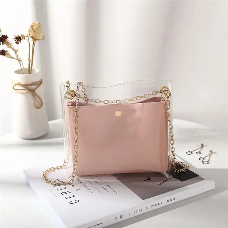 Women Fashion Transparent Clear PVC Metal Chain Shoulder Bag