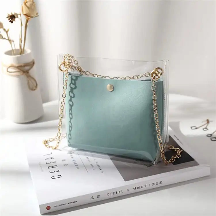Women Fashion Transparent Clear PVC Metal Chain Shoulder Bag