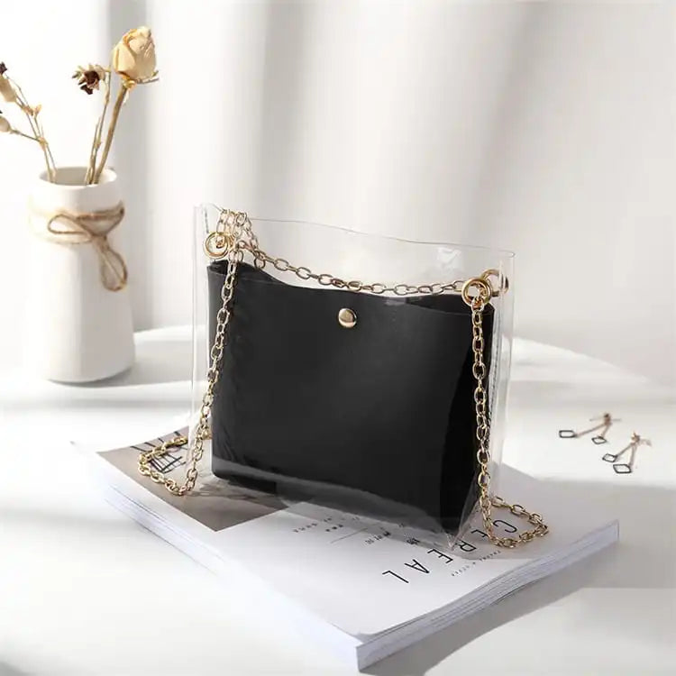 Women Fashion Transparent Clear PVC Metal Chain Shoulder Bag