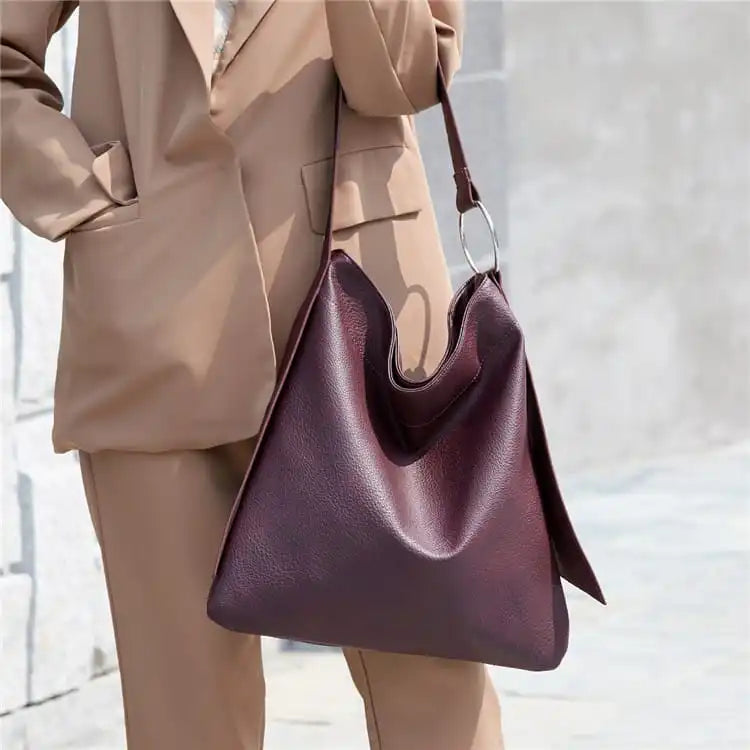 Women Simple Solid Color Large Capacity Soft Tote Bag