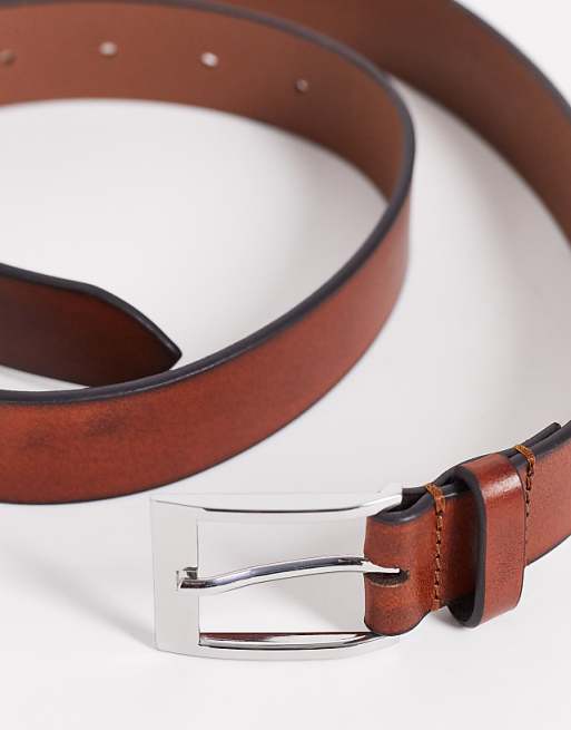 Asos Design Smart Leather Belt With Burnished Edge In Brown