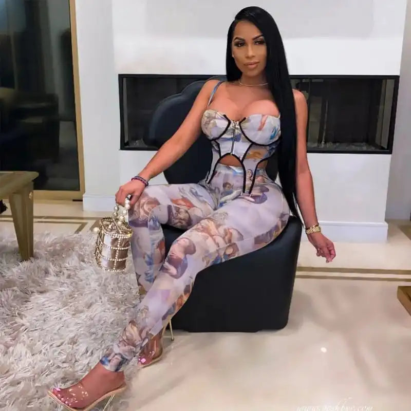 S-L Women Fashion Graphic Printing Irregular Hem Top And Pants Two Pieces Set