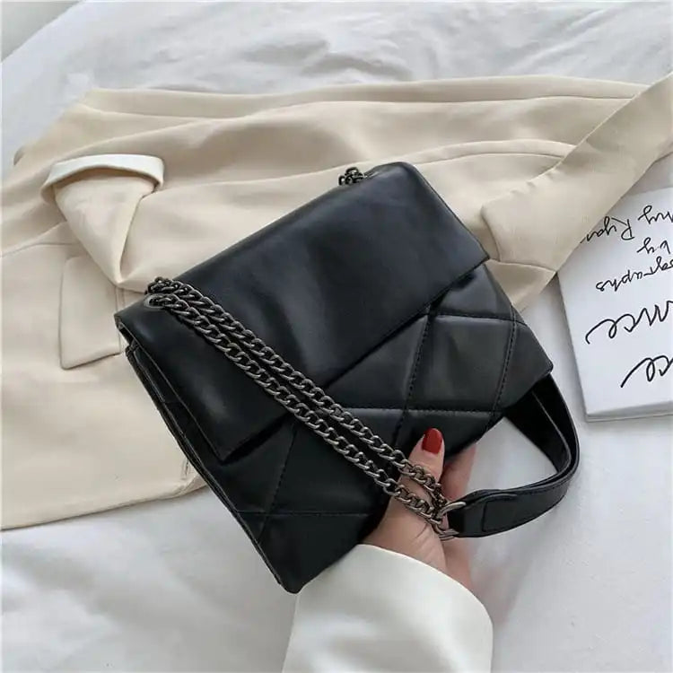 Women Solid Color Stitching Soft Chain Shoulder Bag