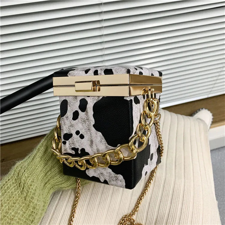 Women Fashion Cow Pattern Mini Chain Square Crossbody Bag