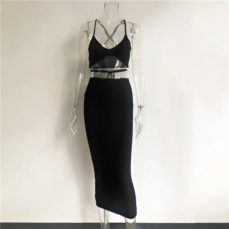 S-L Women Sexy Solid Color Crop Top And Skirts Two Pieces Set