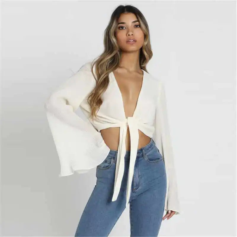 Women Sexy Deep V Solid Color Knot Flare Sleeve Crop Top