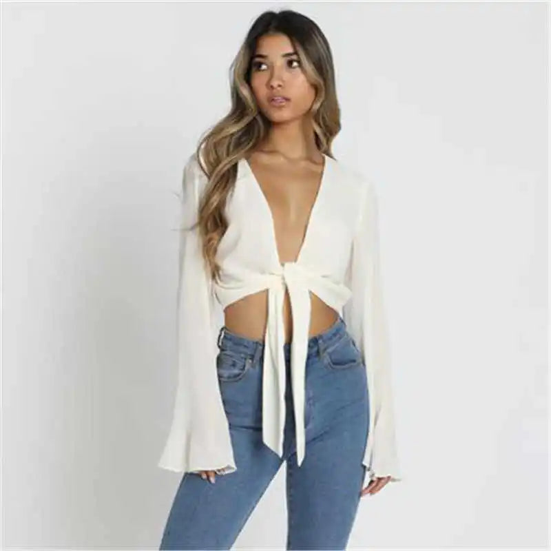 Women Sexy Deep V Solid Color Knot Flare Sleeve Crop Top