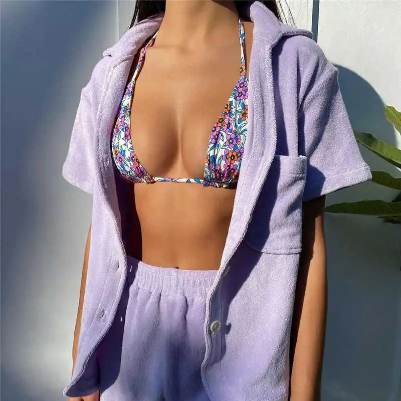 S-L Women Fashion Lapel Solid Color Coat And Shorts Two Pieces Set