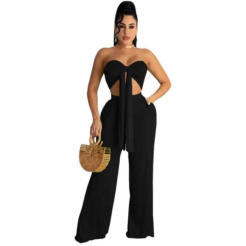 S-2XL Women Fashion Solid Color Knotted Tube Top And Pants Two Pieces Set