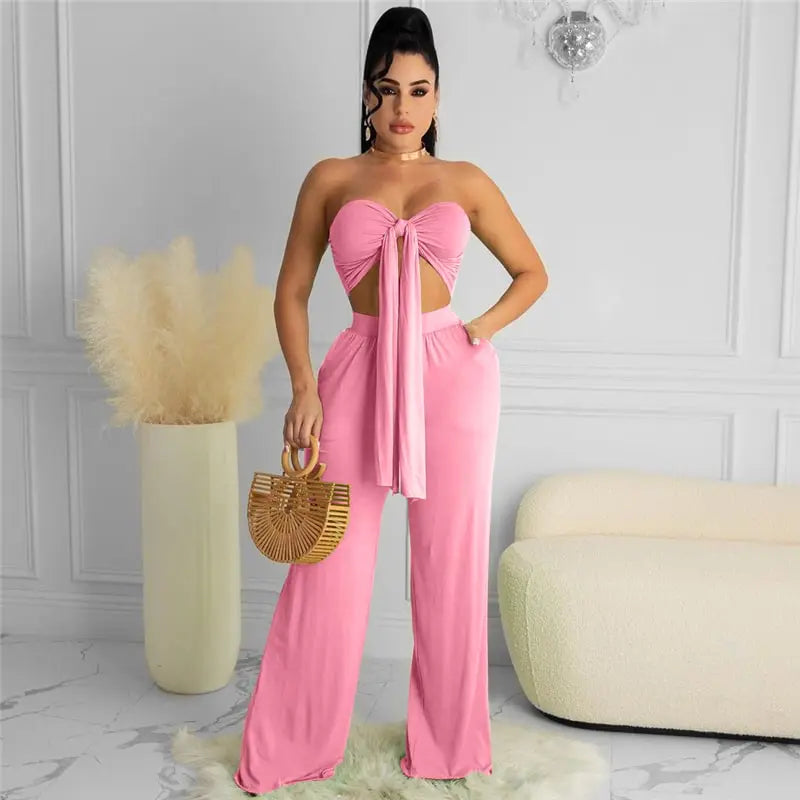 S-2XL Women Fashion Solid Color Knotted Tube Top And Pants Two Pieces Set