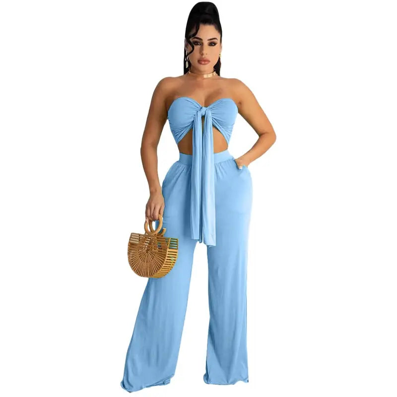 S-2XL Women Fashion Solid Color Knotted Tube Top And Pants Two Pieces Set