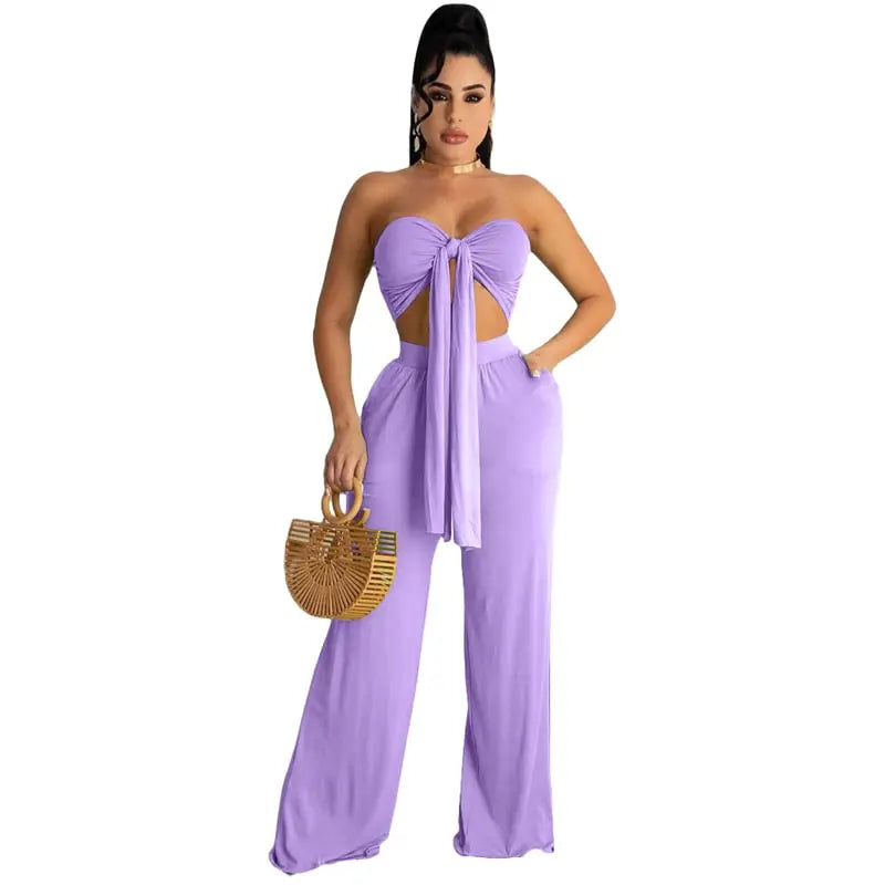 S-2XL Women Fashion Solid Color Knotted Tube Top And Pants Two Pieces Set